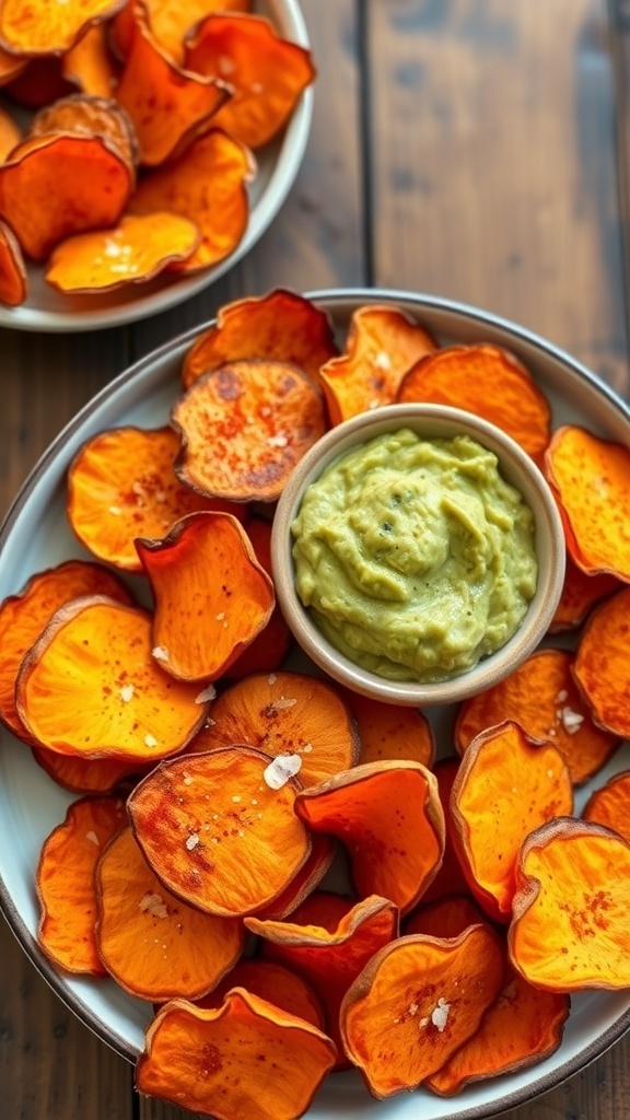 Baked sweet potato chips on a plate with guacamole, garnished with sea salt and paprika.